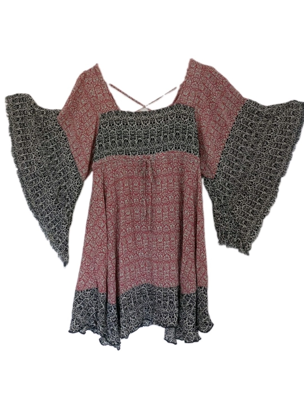 Anama Boho Bell-Sleeve Tunic Dress in Rose and Black